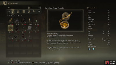 Furlcalling Finger Remedy Elden Ring Multiplayer Items Items   Furlcalling Finger Remedy Info 